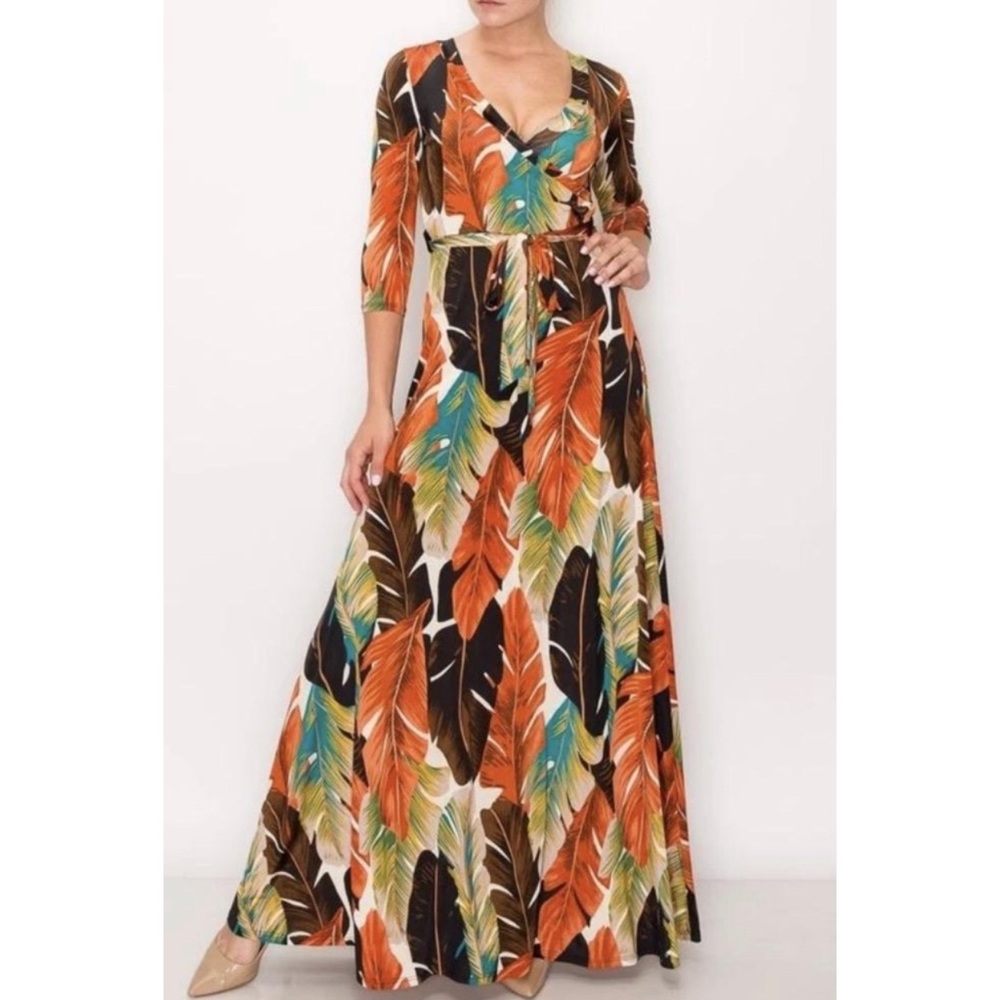 Leafy dress spandex waist belt fit and flare maxi